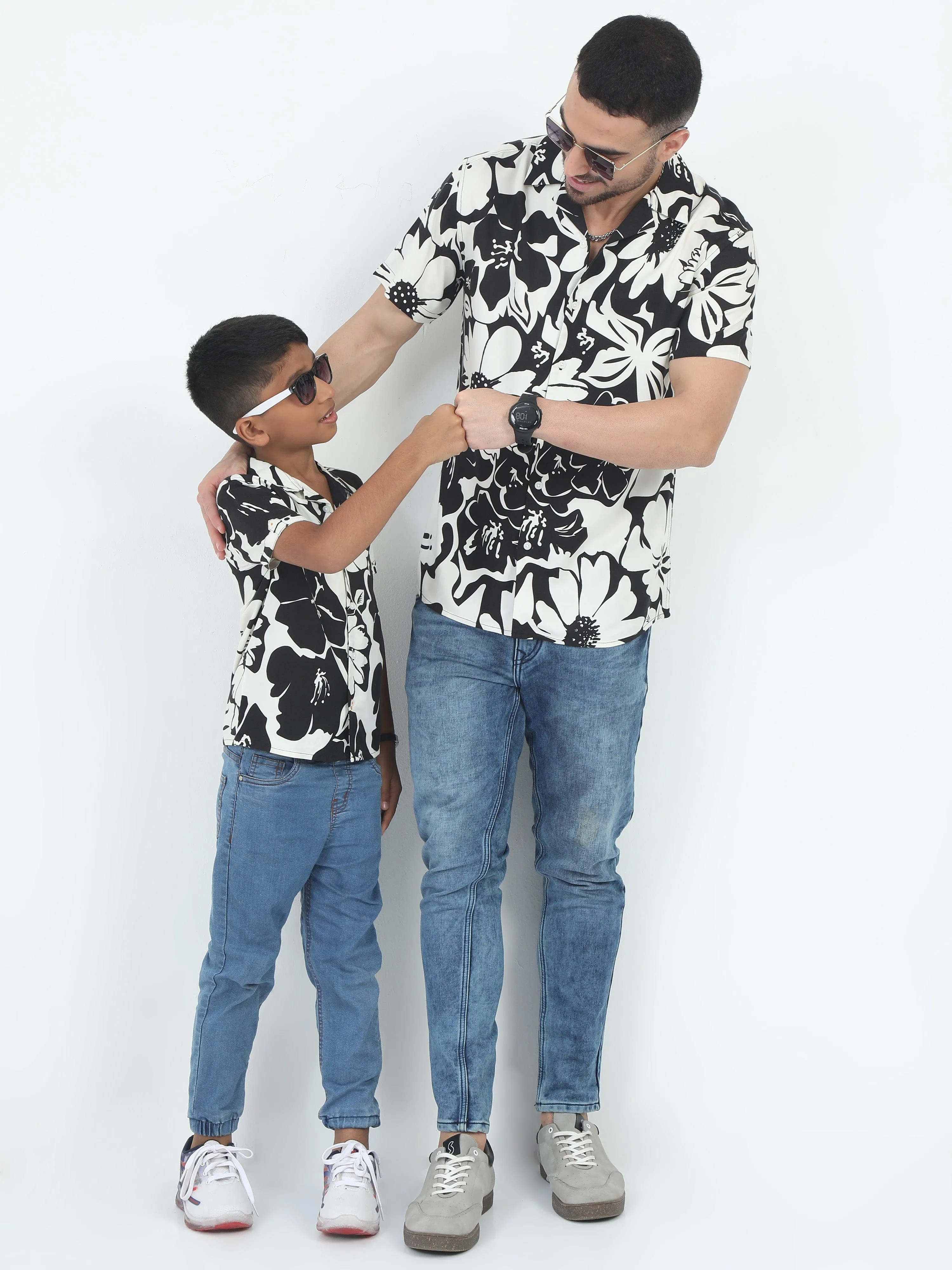 Dad & Son Flower Print Shirt Black White