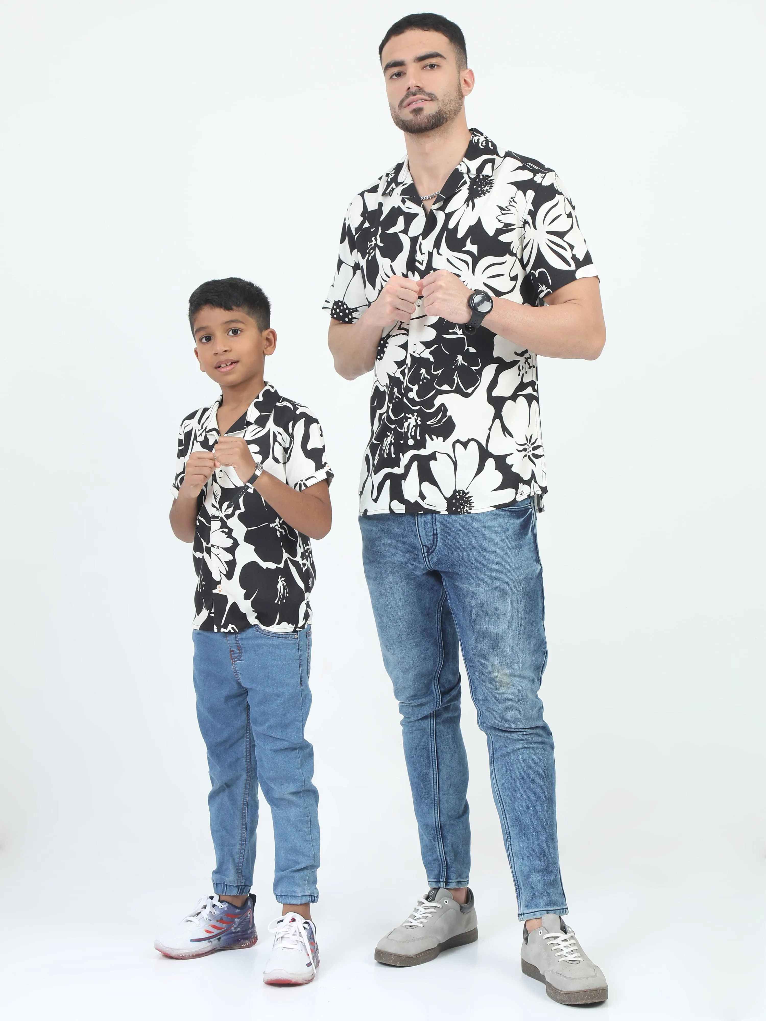Dad & Son Flower Print Shirt Black White