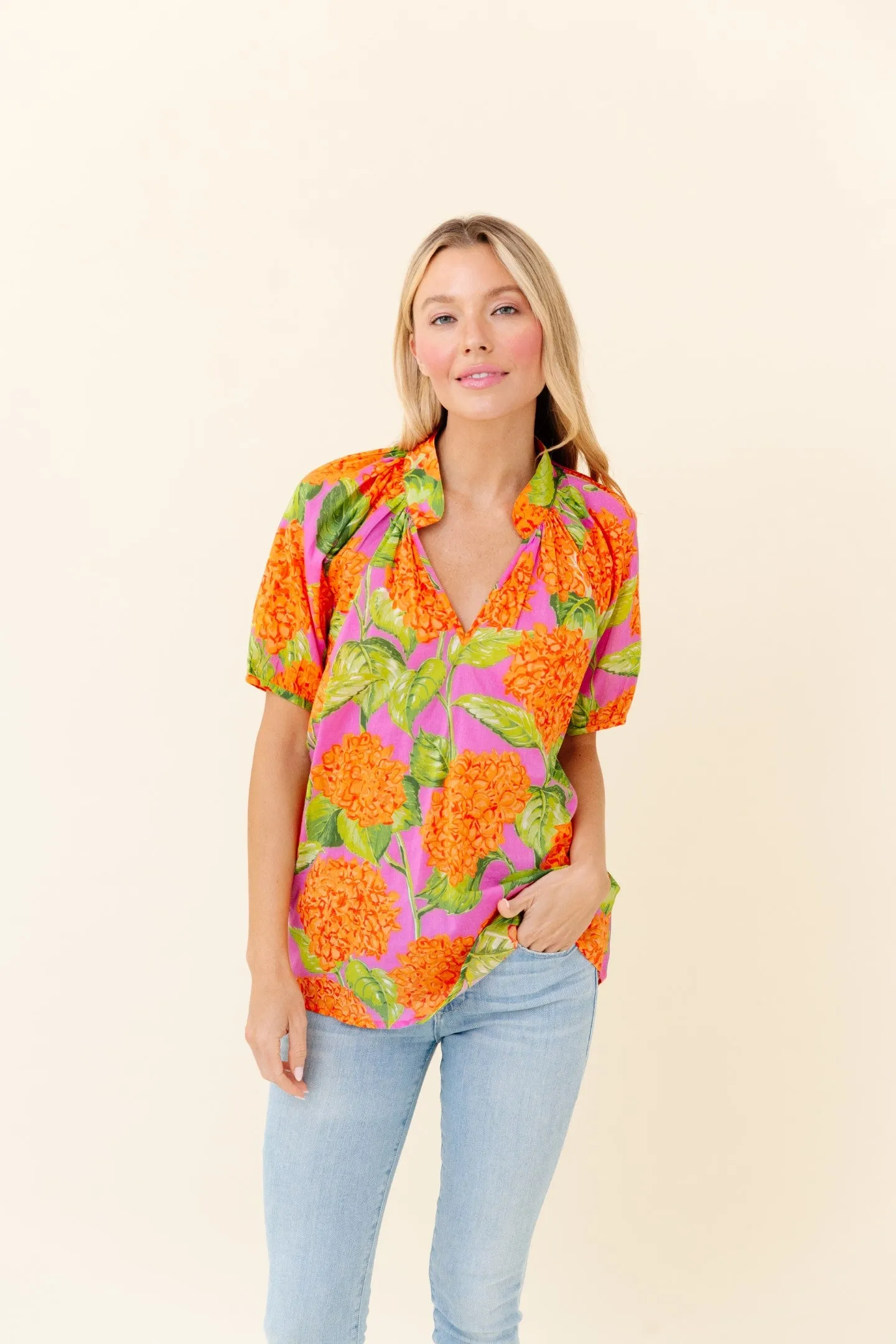 Dana Blouse in Tangelo Punch Hydrangea