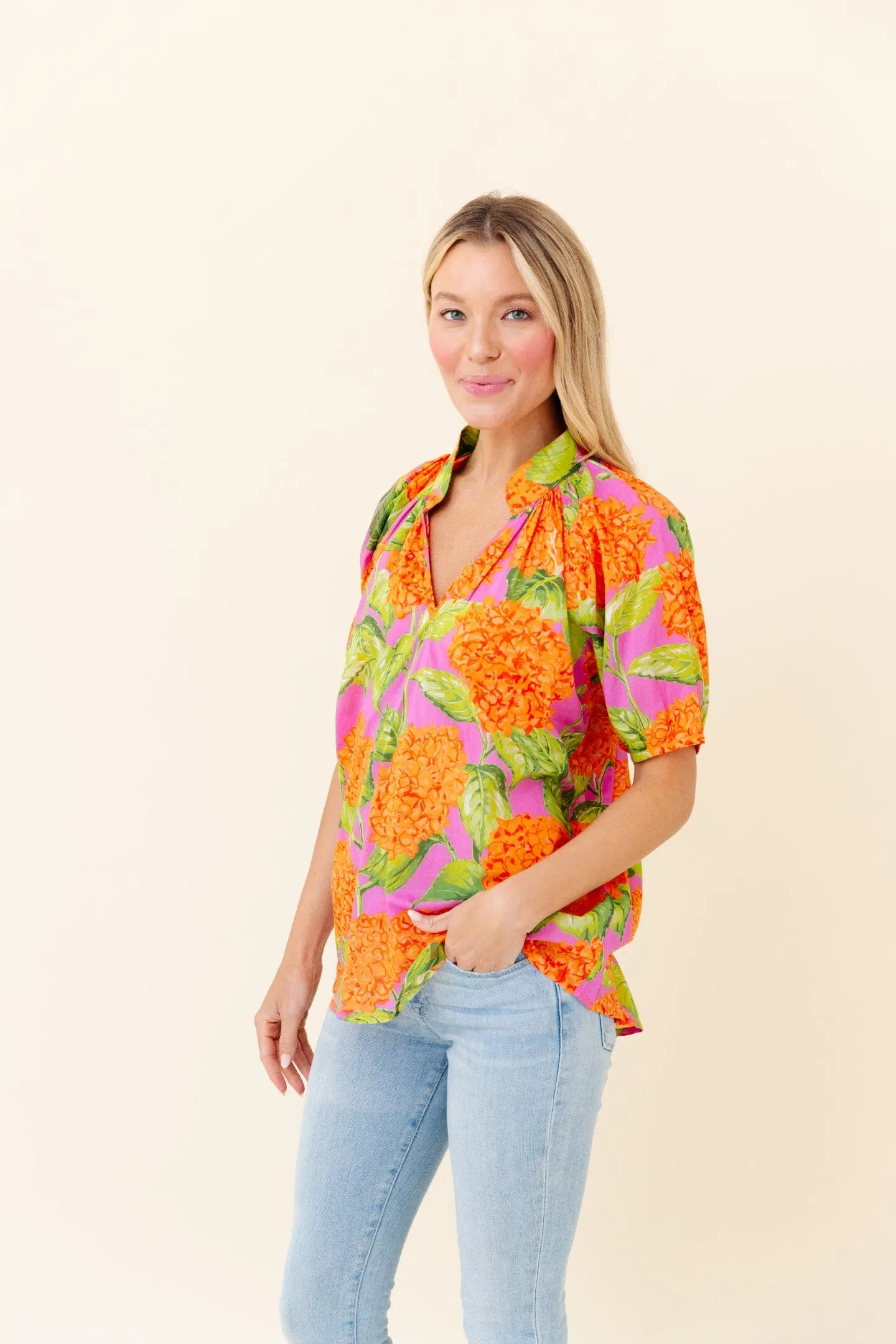 Dana Blouse in Tangelo Punch Hydrangea