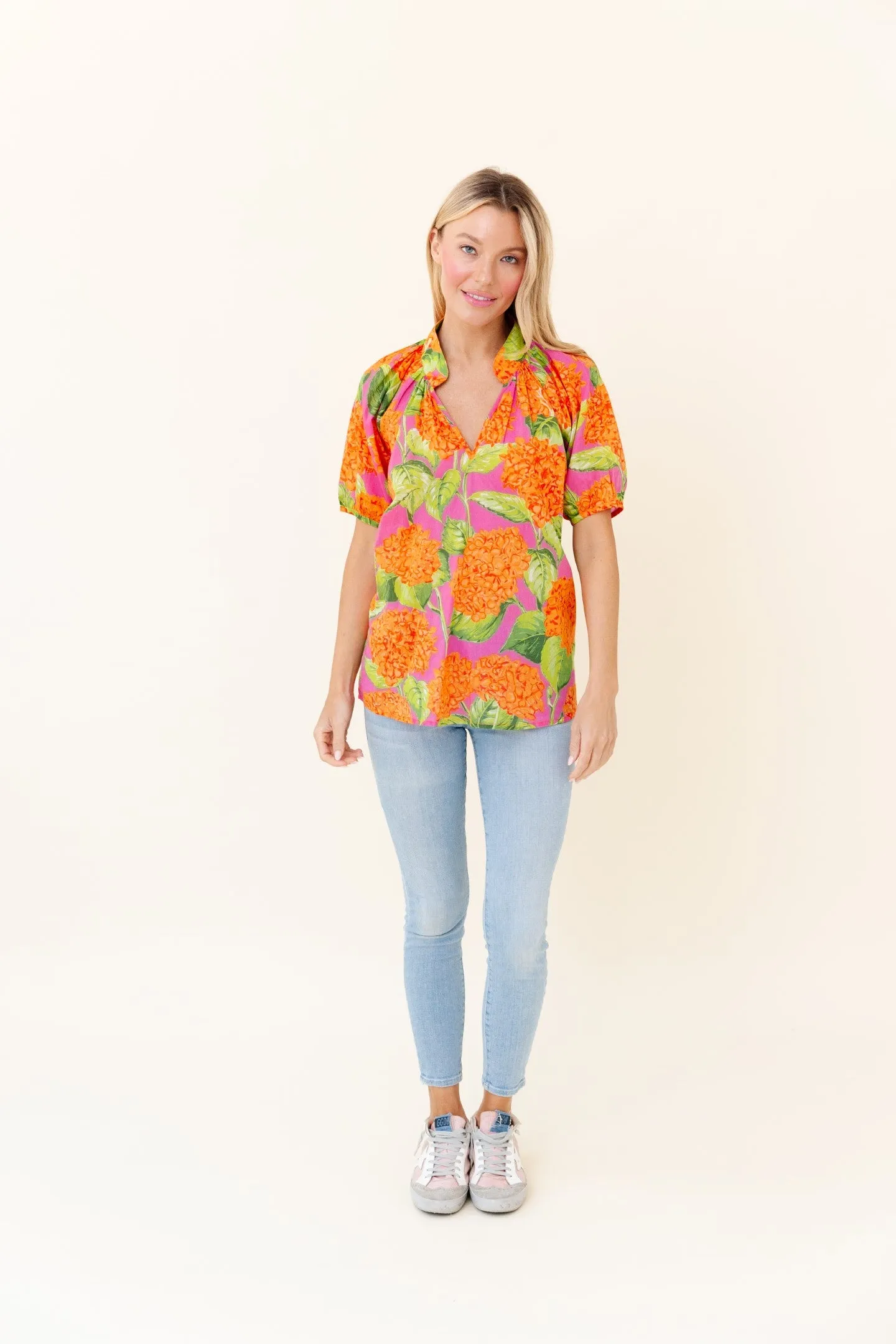 Dana Blouse in Tangelo Punch Hydrangea
