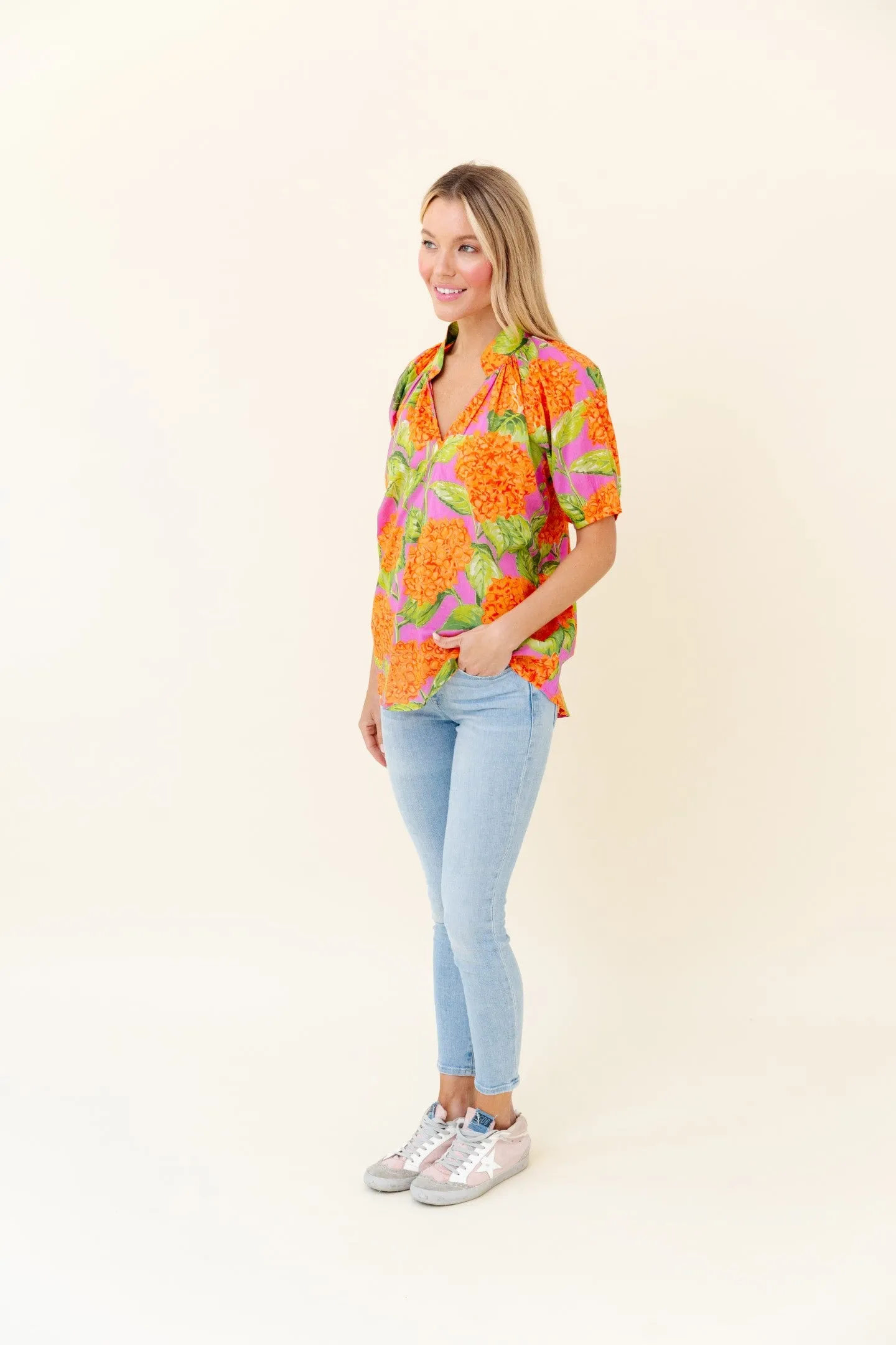Dana Blouse in Tangelo Punch Hydrangea