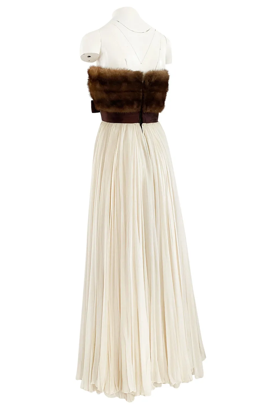 Documented 1963-64 Sarmi Ivory Silk Chiffon Dress w Strapless Natural Mink Bodice & Chocolate Silk Bow
