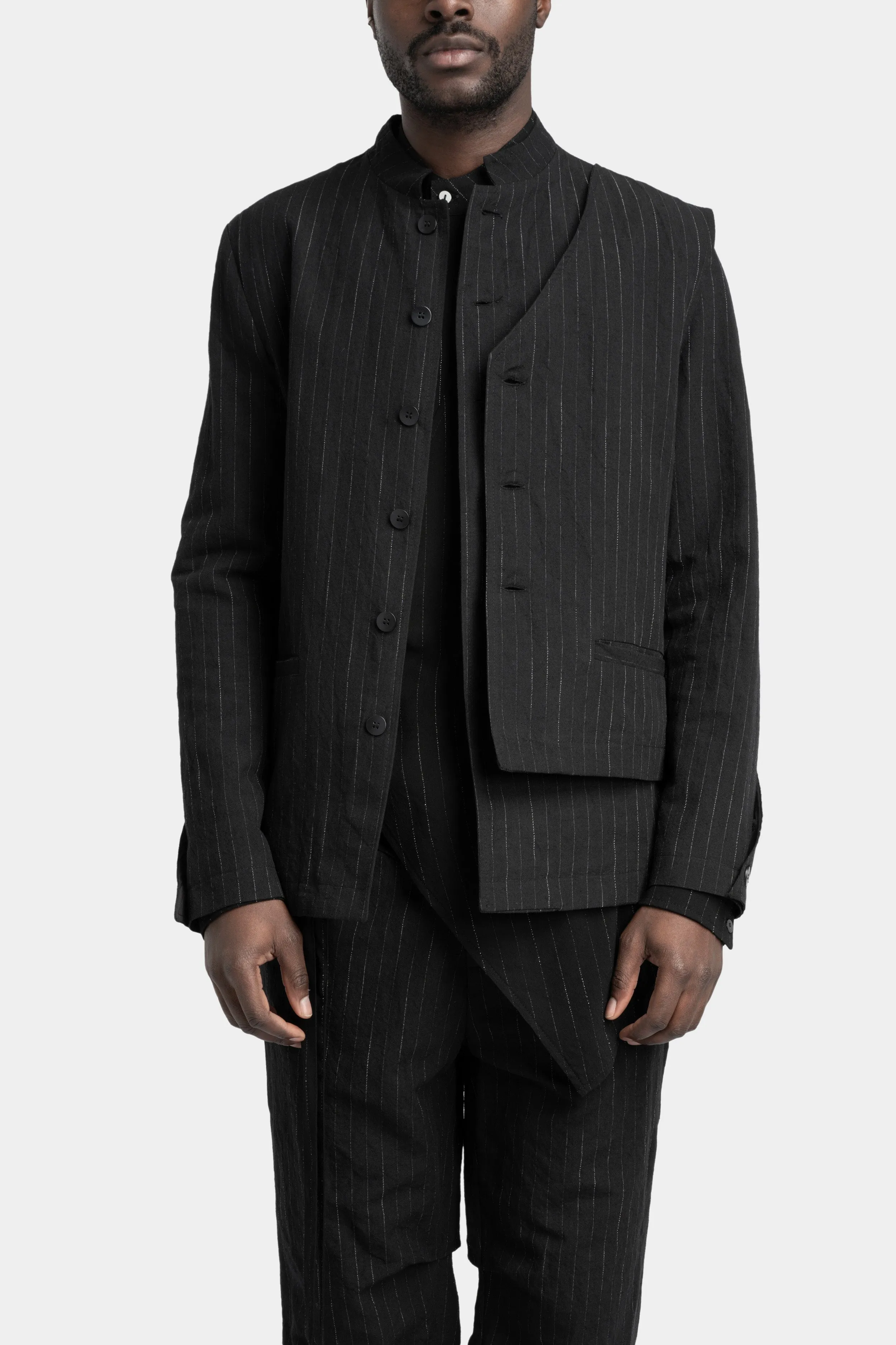 Double front pinstripe linen mix blazer jacket