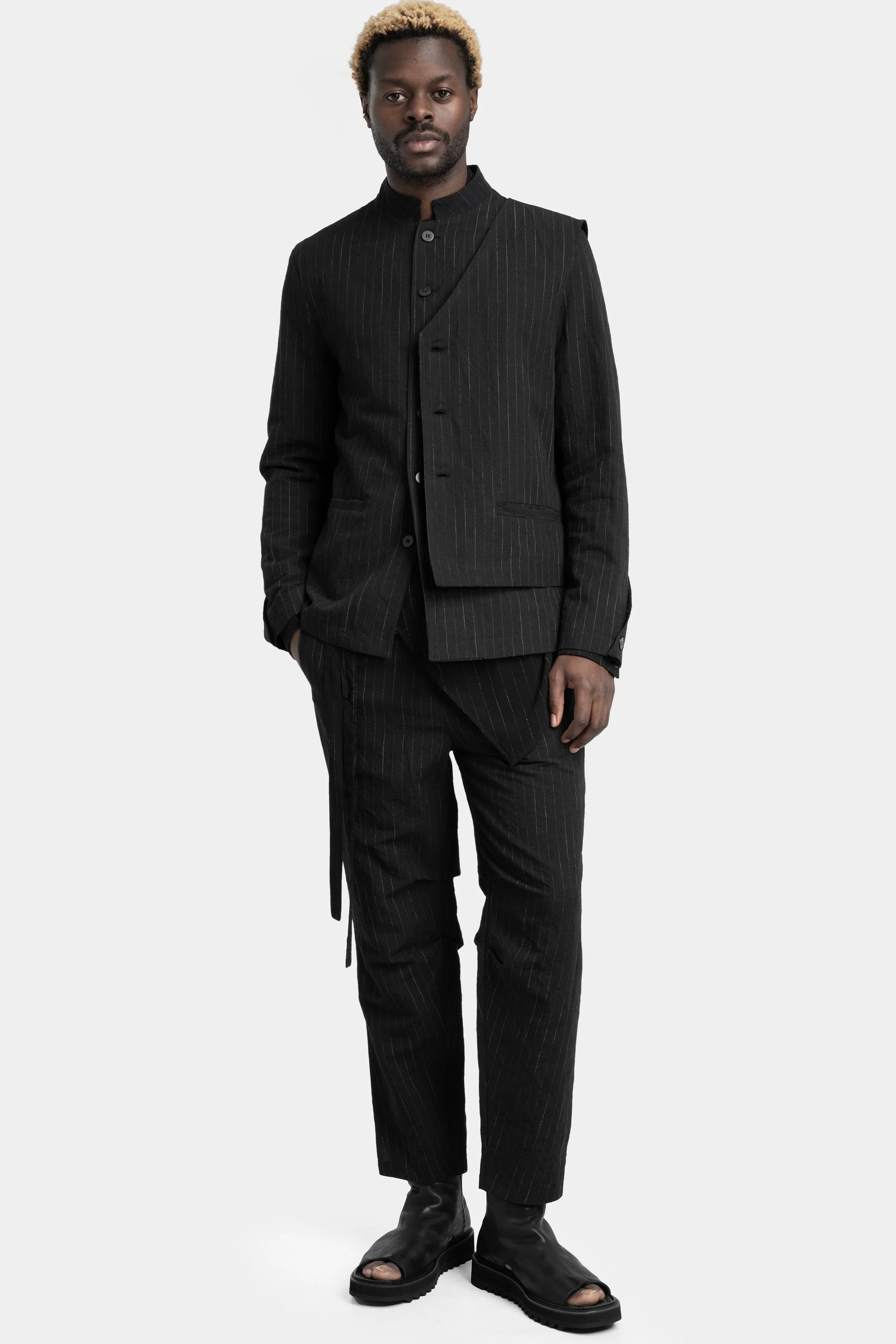 Double front pinstripe linen mix blazer jacket