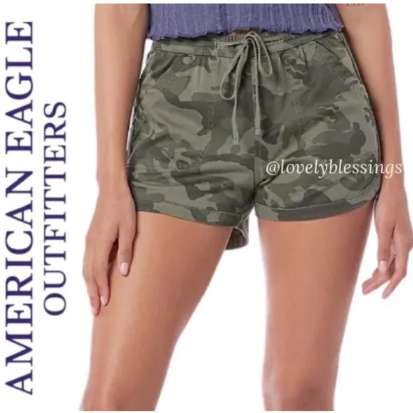 Drawstring Waist Camo Shorts Khaki Olive Camouflage American Eagle Size Medium