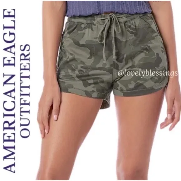 Drawstring Waist Camo Shorts Khaki Olive Camouflage American Eagle Size Medium