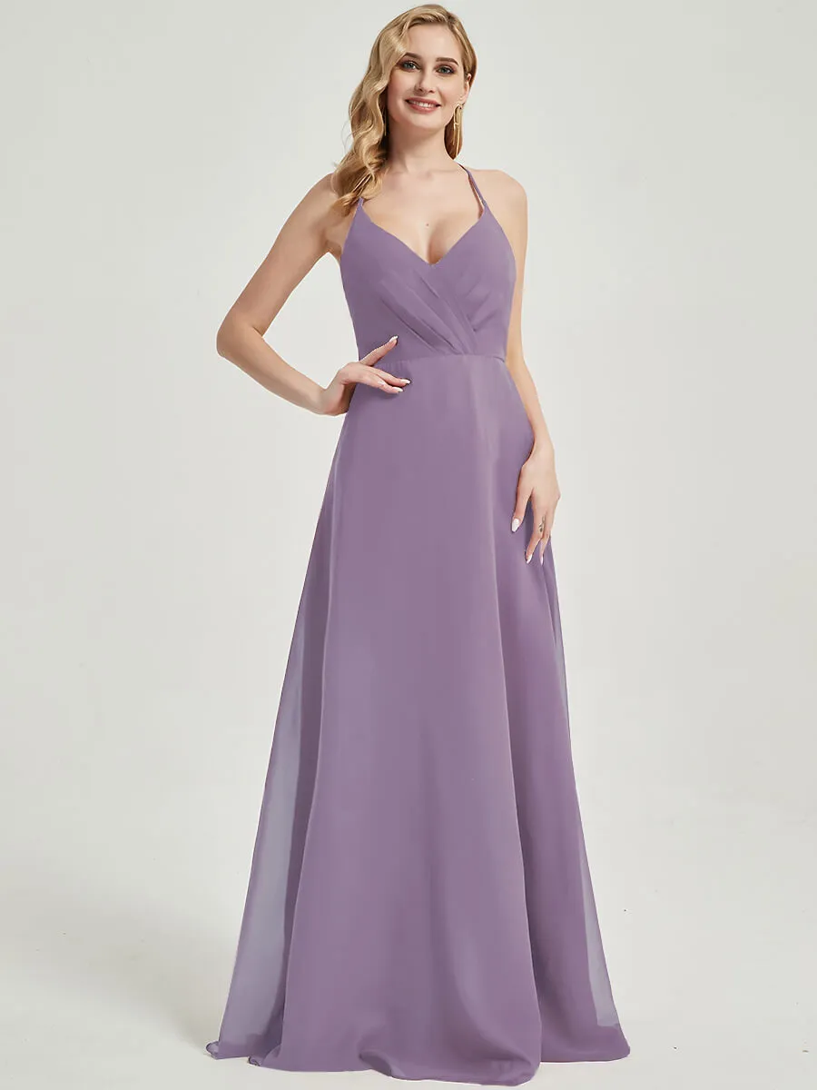 Dusty Purple Pleated Halter V-Neck Backless Chiffon Bridesmaid Dress