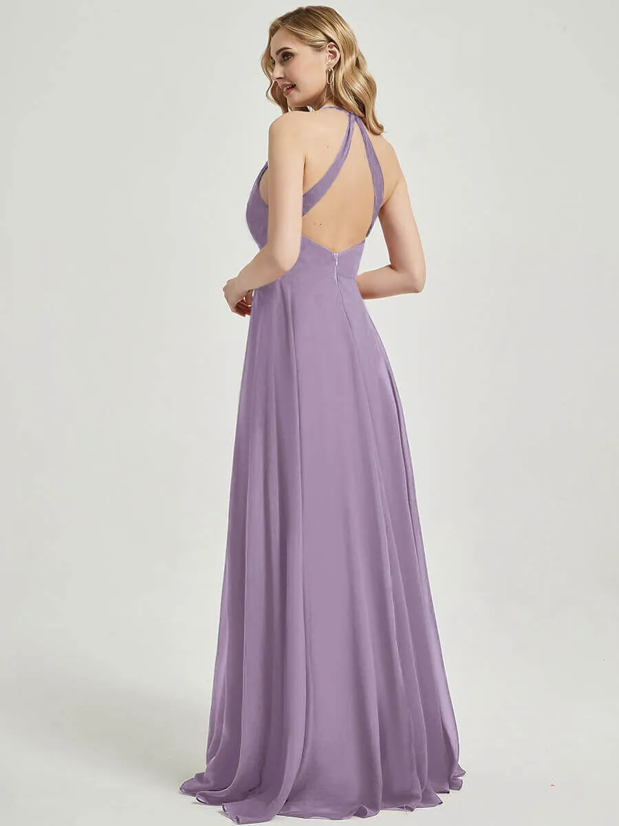 Dusty Purple Pleated Halter V-Neck Backless Chiffon Bridesmaid Dress