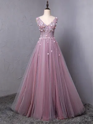 Dusty Purple V Neck A-line Tulle Long Evening Prom Dresses, 17615