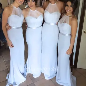 Elegant White Halter V Neck Simple Cheap Mermaid Long Bridesmaid Dresses, BDS0210