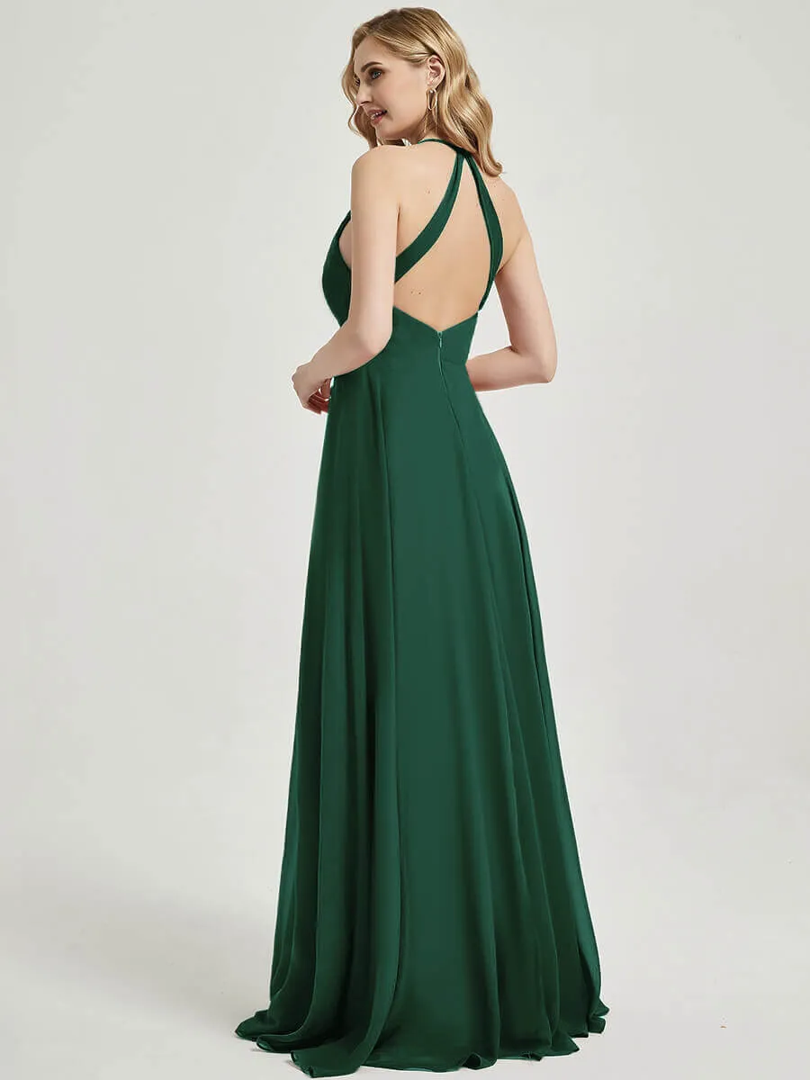 Emerald Green Pleated Halter V-Neck Backless Chiffon Bridesmaid Dress