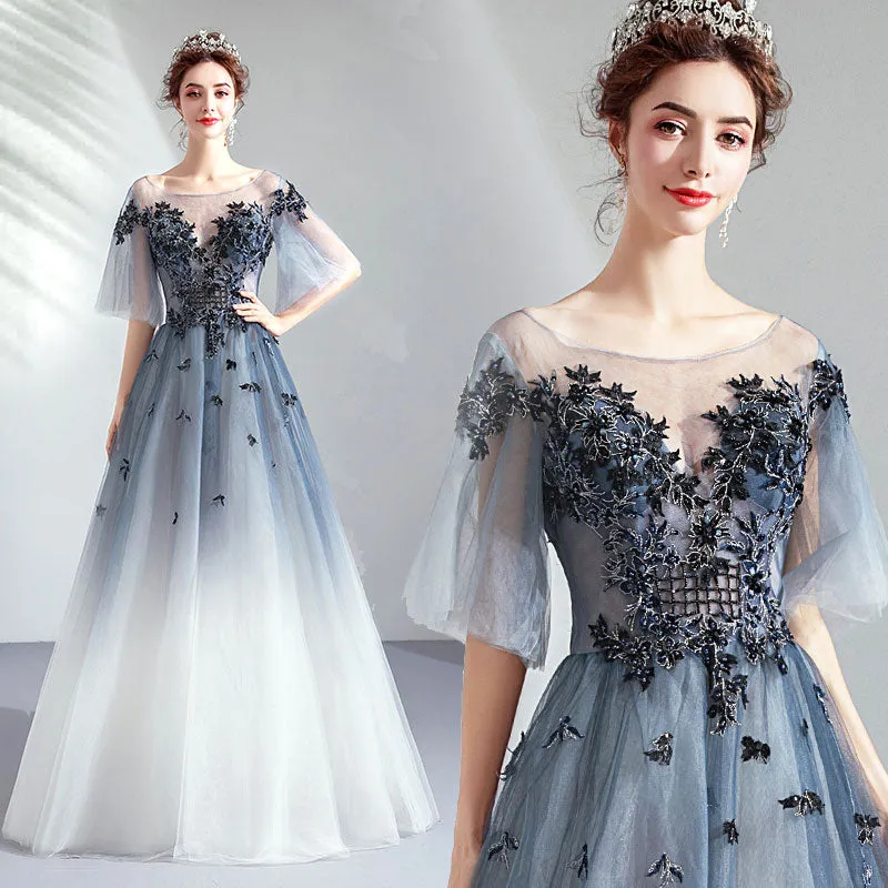[Final Sale] Blue Grey Gradient Bell-sleeves Applique A-line Ball Gown