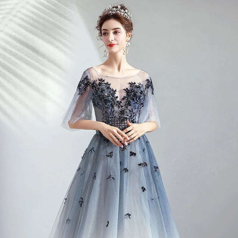 [Final Sale] Blue Grey Gradient Bell-sleeves Applique A-line Ball Gown