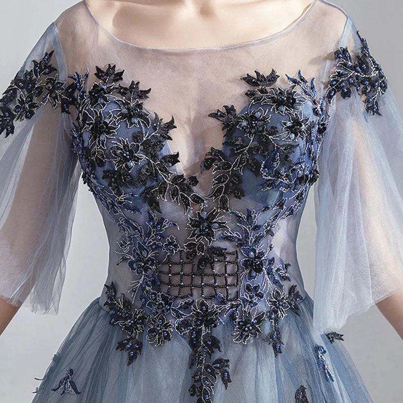 [Final Sale] Blue Grey Gradient Bell-sleeves Applique A-line Ball Gown
