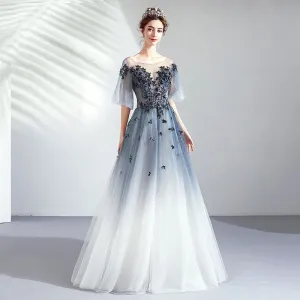 [Final Sale] Blue Grey Gradient Bell-sleeves Applique A-line Ball Gown