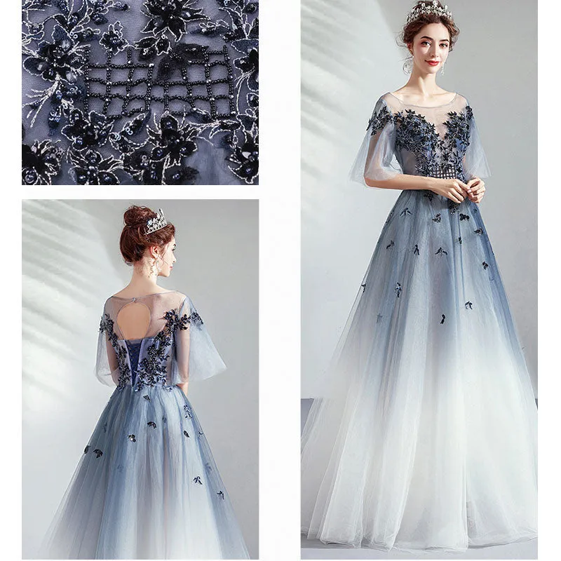 [Final Sale] Blue Grey Gradient Bell-sleeves Applique A-line Ball Gown