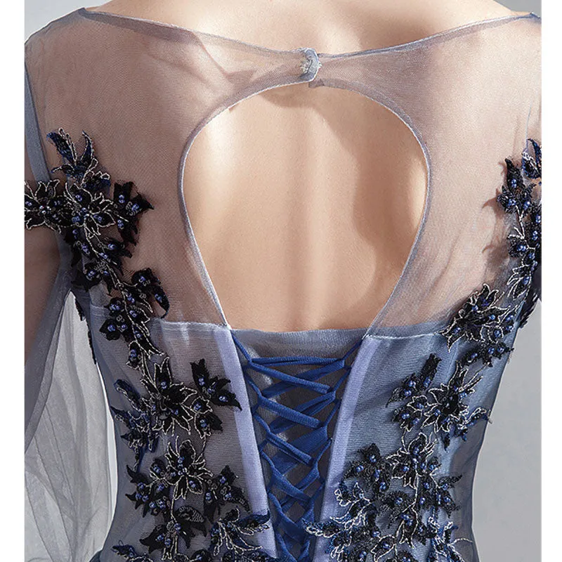 [Final Sale] Blue Grey Gradient Bell-sleeves Applique A-line Ball Gown