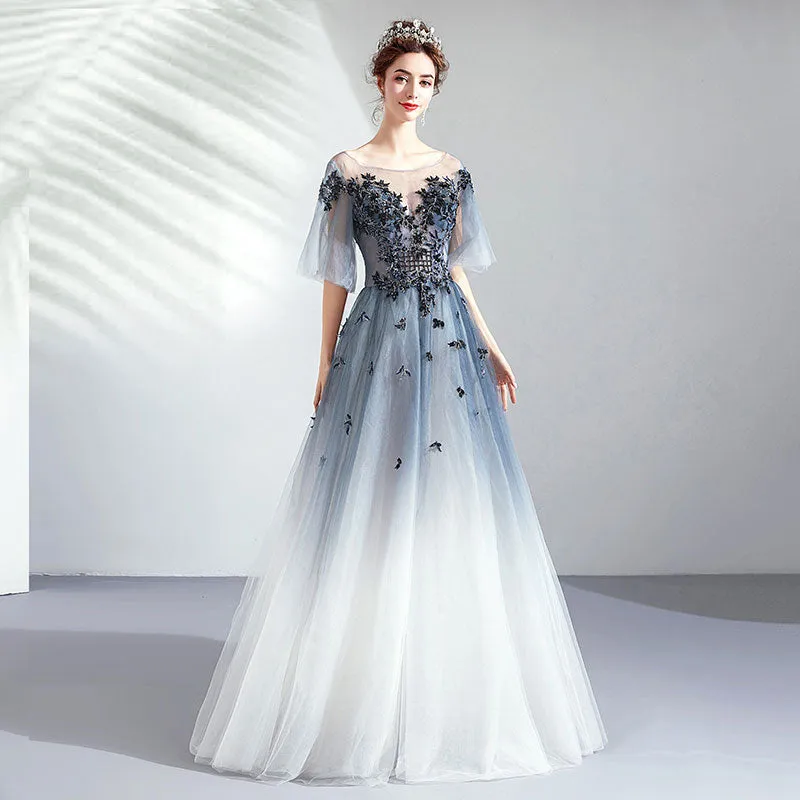 [Final Sale] Blue Grey Gradient Bell-sleeves Applique A-line Ball Gown