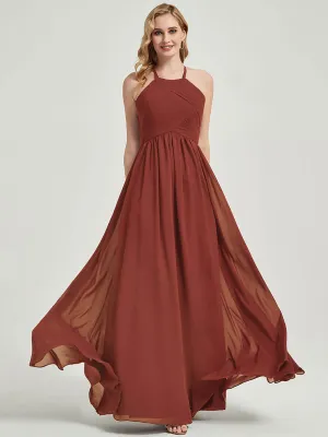 [Final Sale] Cinnamon Rose Halter Pleated Keyhole Back Chiffon Bridesmaid Dress