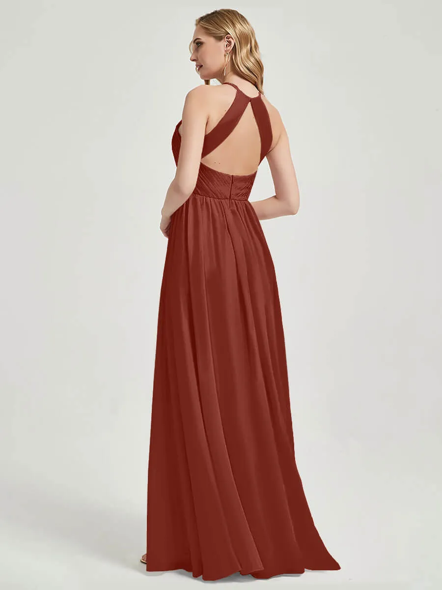 [Final Sale] Cinnamon Rose Halter Pleated Keyhole Back Chiffon Bridesmaid Dress