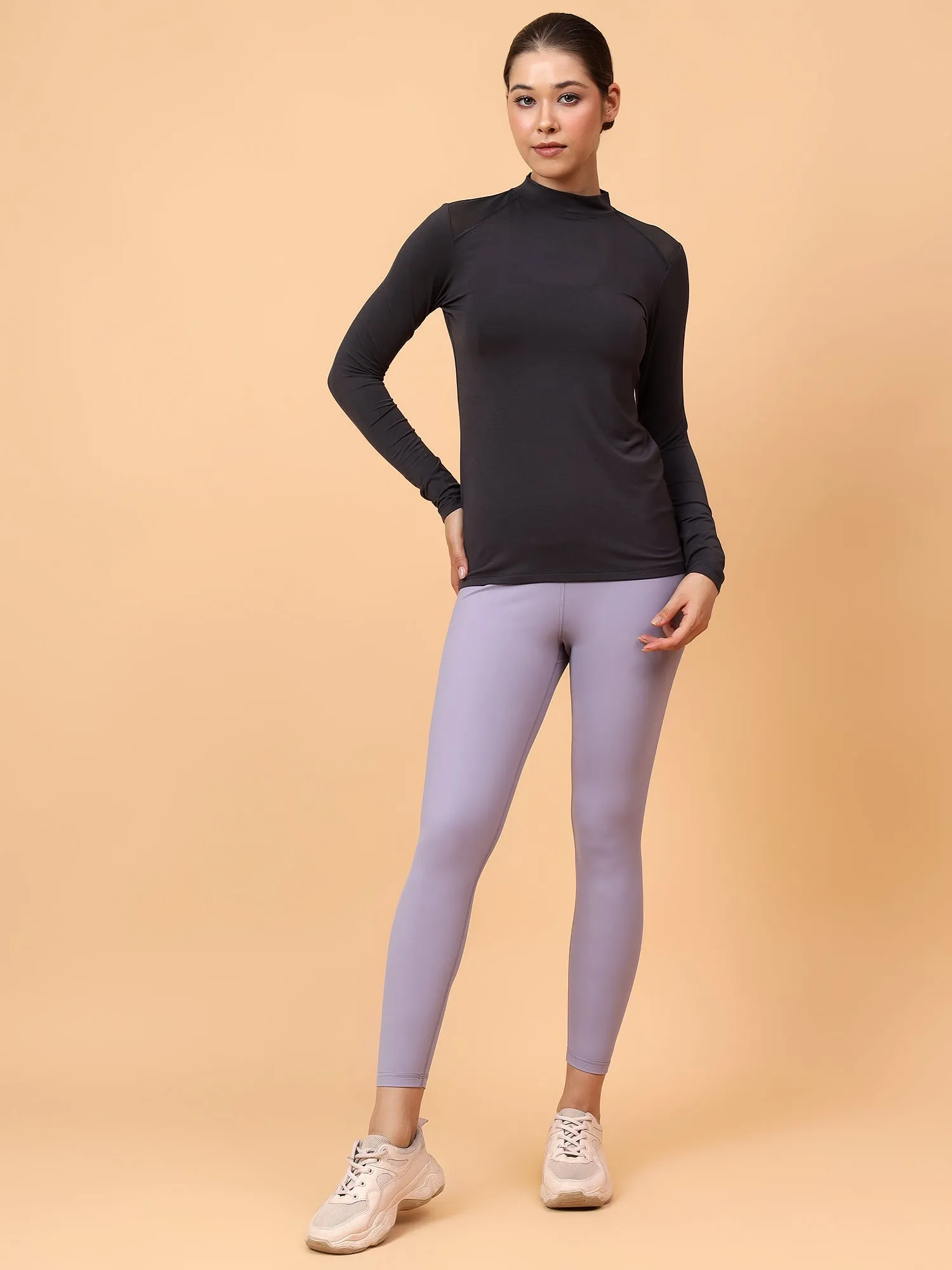 Fitkin Women Grey Shoulder Net Panel Tshirt
