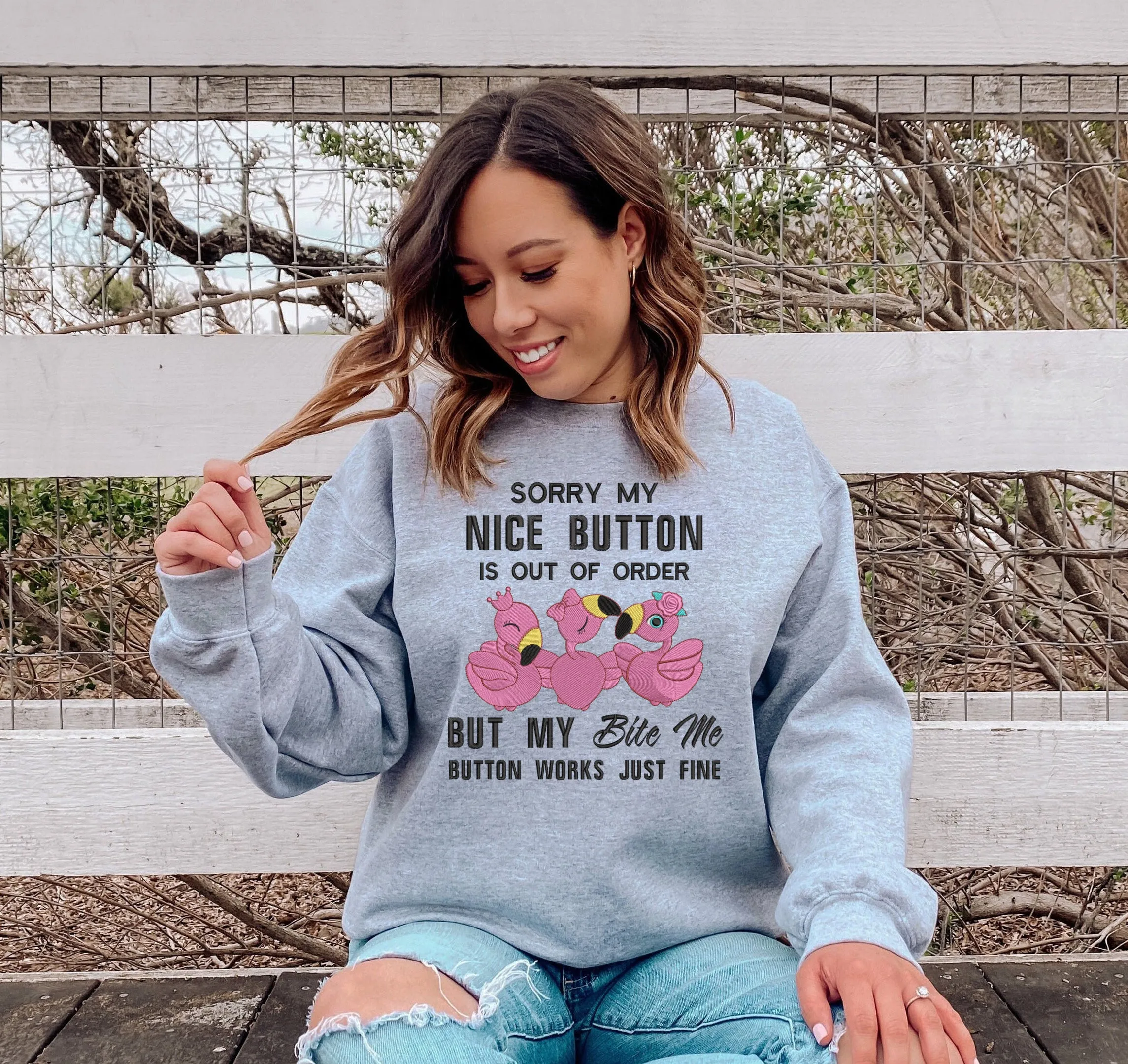 Flamingo - Sorry My Nice Button Embroidered Hoodie, Sweatshirt