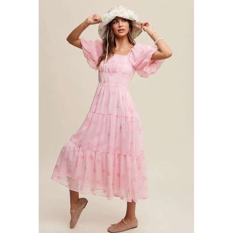Flower Embroidered Puff Sleeve Tiered Maxi Dress