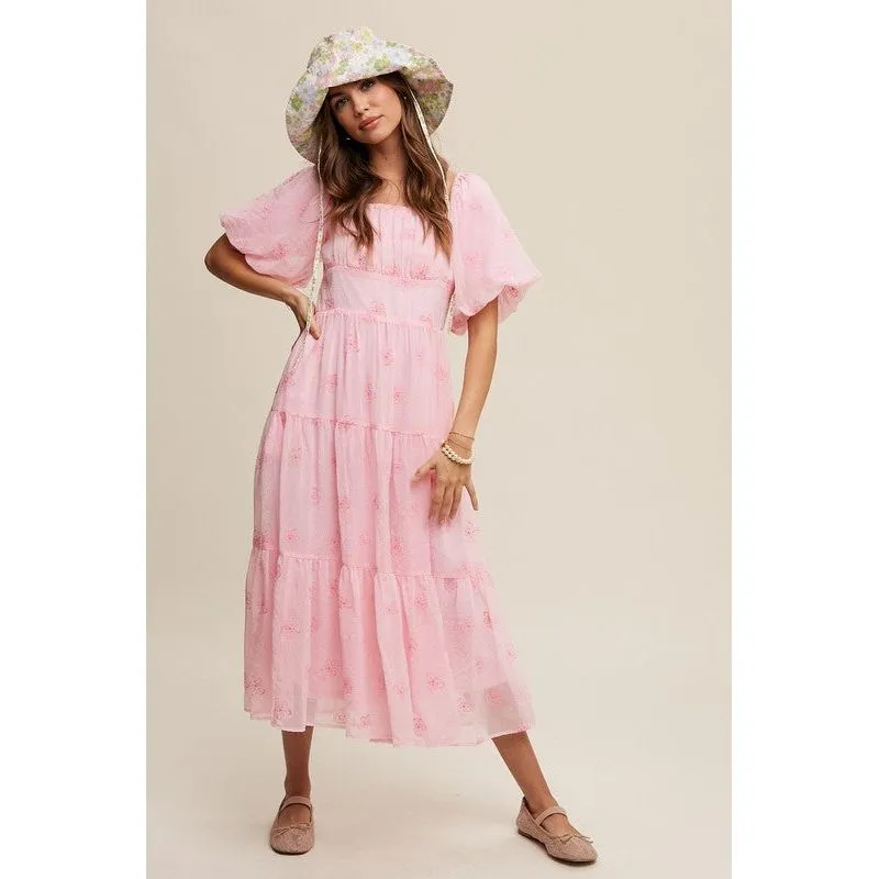 Flower Embroidered Puff Sleeve Tiered Maxi Dress