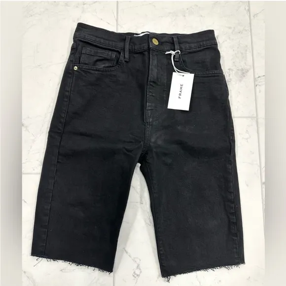 FRAME Le Vintage Bermuda Frayed Denim Shorts