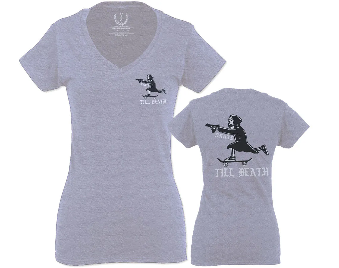 Front and Back Skateboarding OR DIE Skull Skate Gun Till Death Obei Society For Women V neck fitted T Shirt