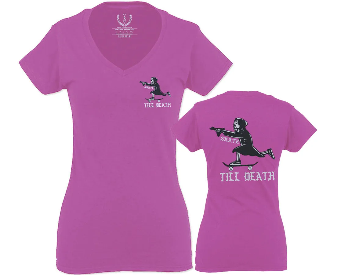 Front and Back Skateboarding OR DIE Skull Skate Gun Till Death Obei Society For Women V neck fitted T Shirt