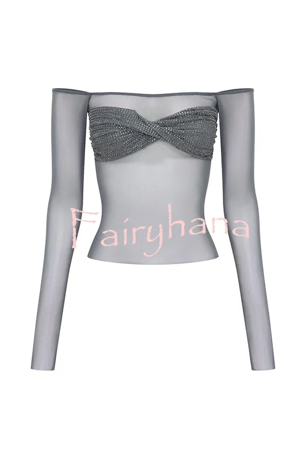 Garcelle Mesh Twist Sequin Bardot Neck Long Sleeve Stretch Top
