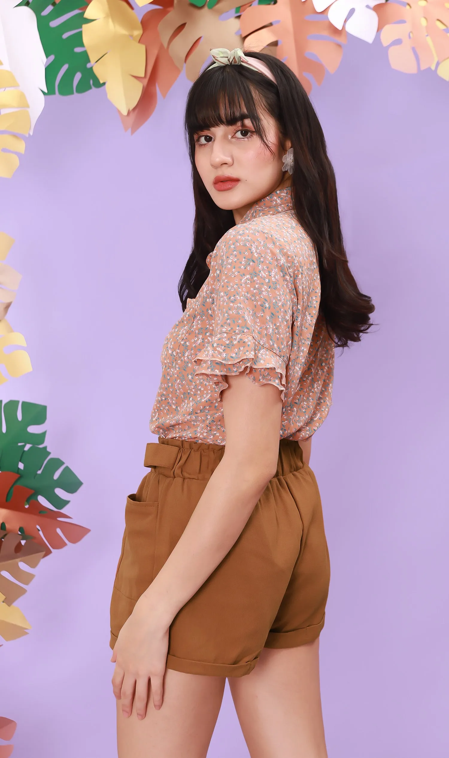 GEORGIA Ruched-Waist Shorts (Russet Brown)
