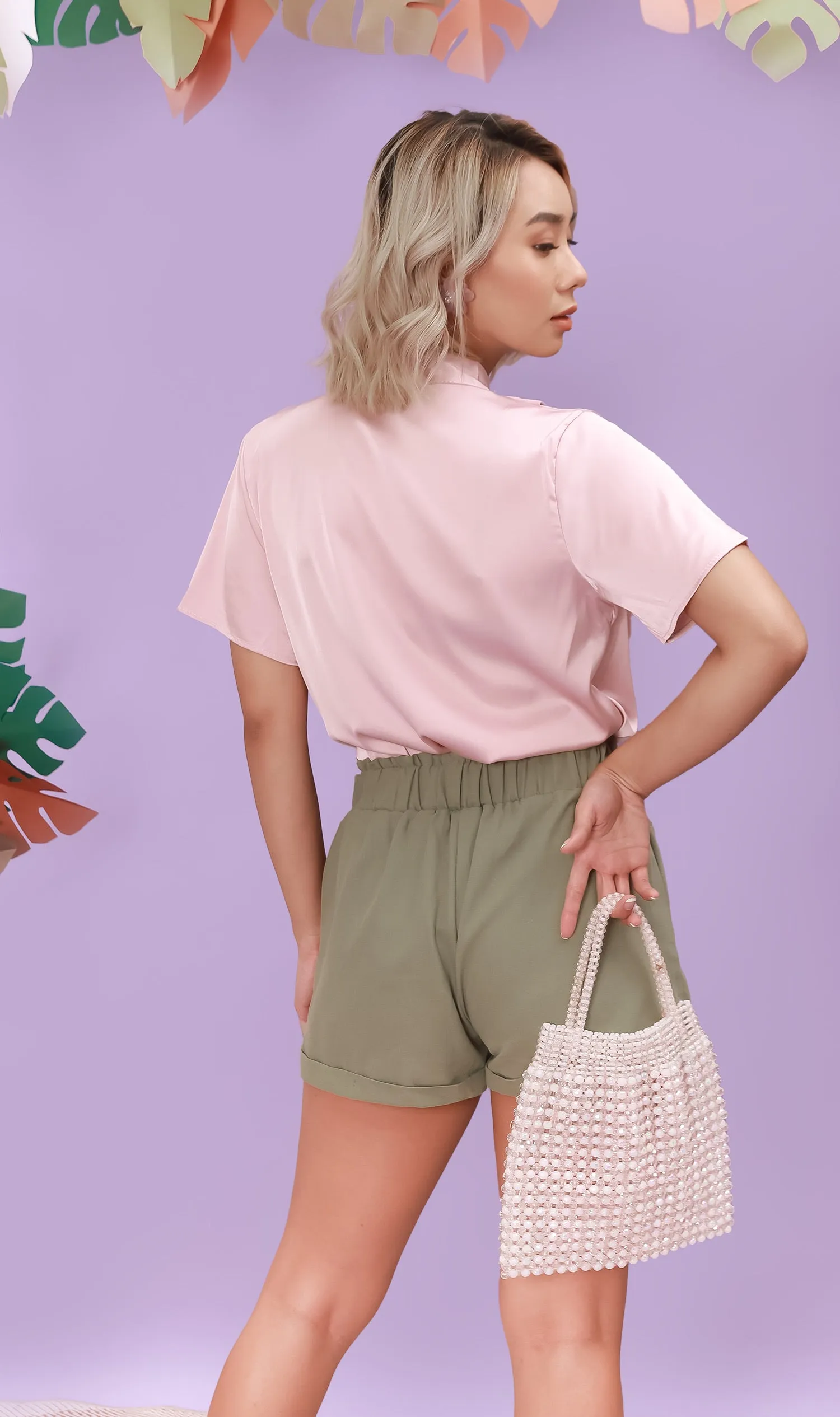 GEORGIA Ruched-Waist Shorts (Sage Green)