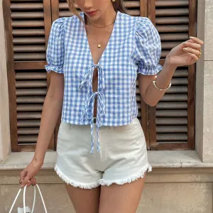 Gingham Tie Front Crop Top | Puff Sleeve V-Neck Blouse