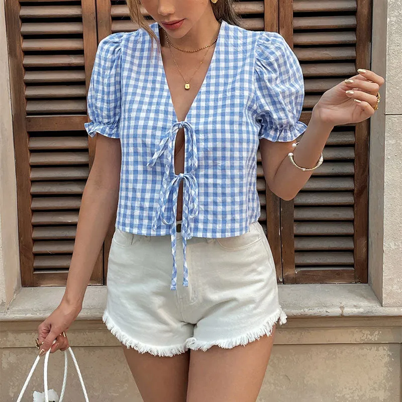 Gingham Tie Front Crop Top | Puff Sleeve V-Neck Blouse