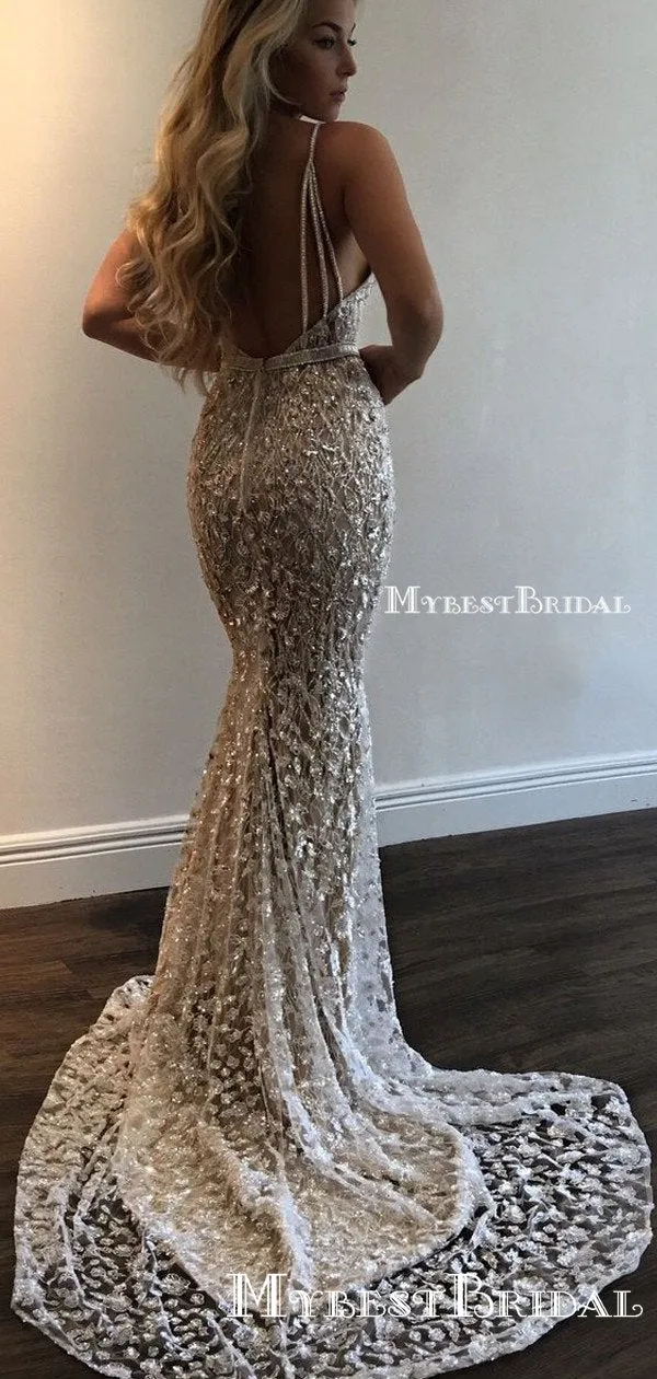 Gorgeous Deep V-Neck Spaghetti Straps Sleeveless Mermaid Long Prom Dresses,PDY0212