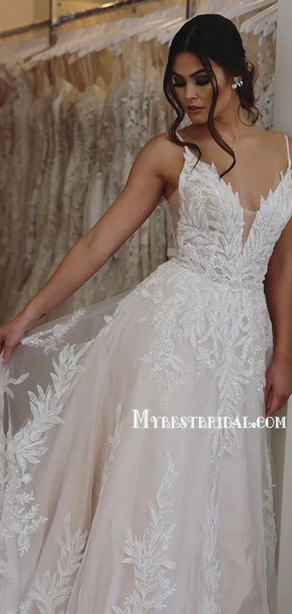 Gorgeous V-neck A-line Lace Appliques Long Wedding Dresses. WDS0108
