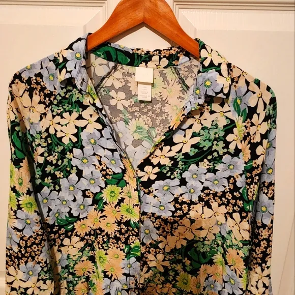 H&amp;M Blue Green Floral Midi Collared Shirt Dress Size M