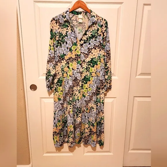H&amp;M Blue Green Floral Midi Collared Shirt Dress Size M
