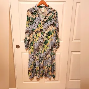 H&amp;M Blue Green Floral Midi Collared Shirt Dress Size M