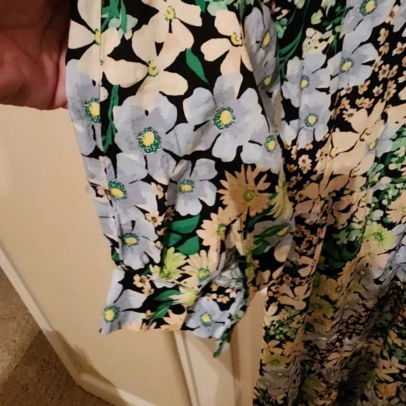H&amp;M Blue Green Floral Midi Collared Shirt Dress Size M
