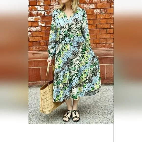 H&amp;M Blue Green Floral Midi Collared Shirt Dress Size M
