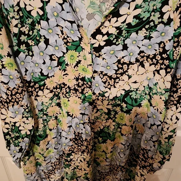 H&amp;M Blue Green Floral Midi Collared Shirt Dress Size M