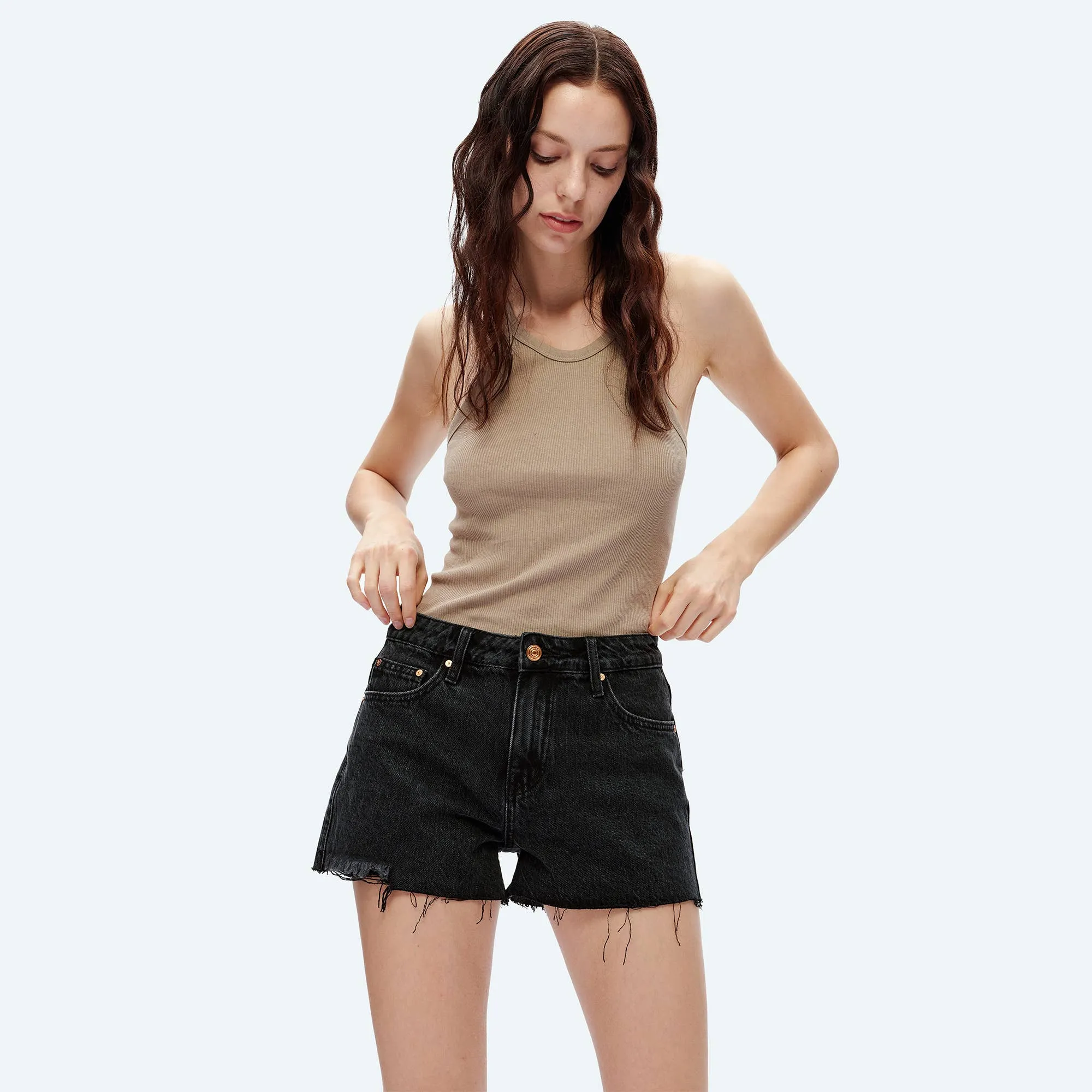 High Rise Denim Shorts With Raw Hem