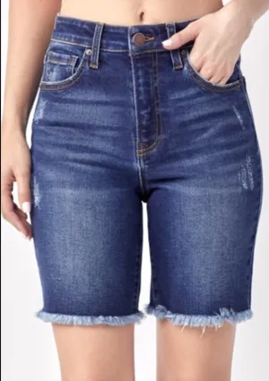 High Rise Frayed Hem Bermuda Shorts In Dark Vintage Wash