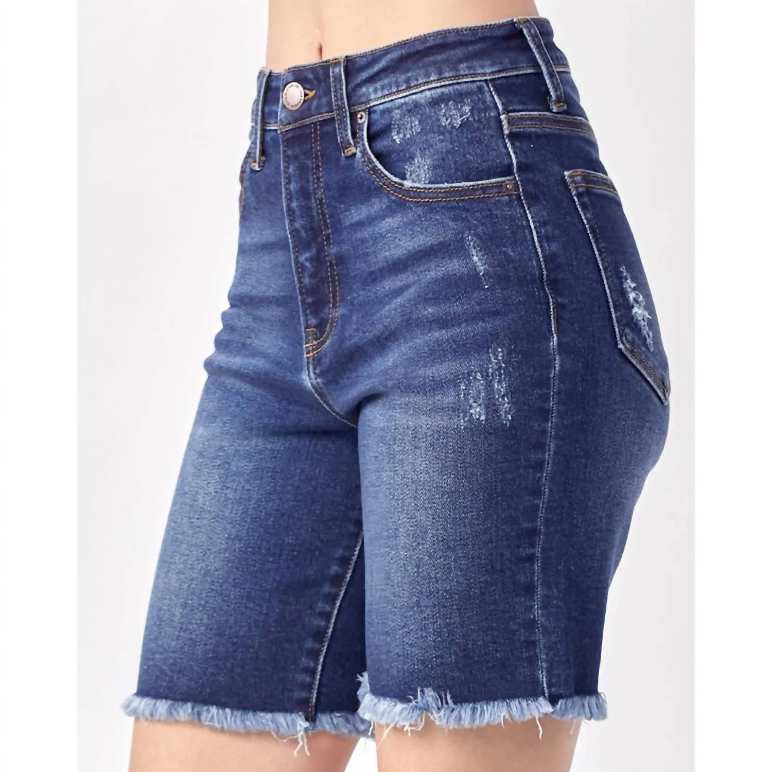 High Rise Frayed Hem Bermuda Shorts In Dark Vintage Wash