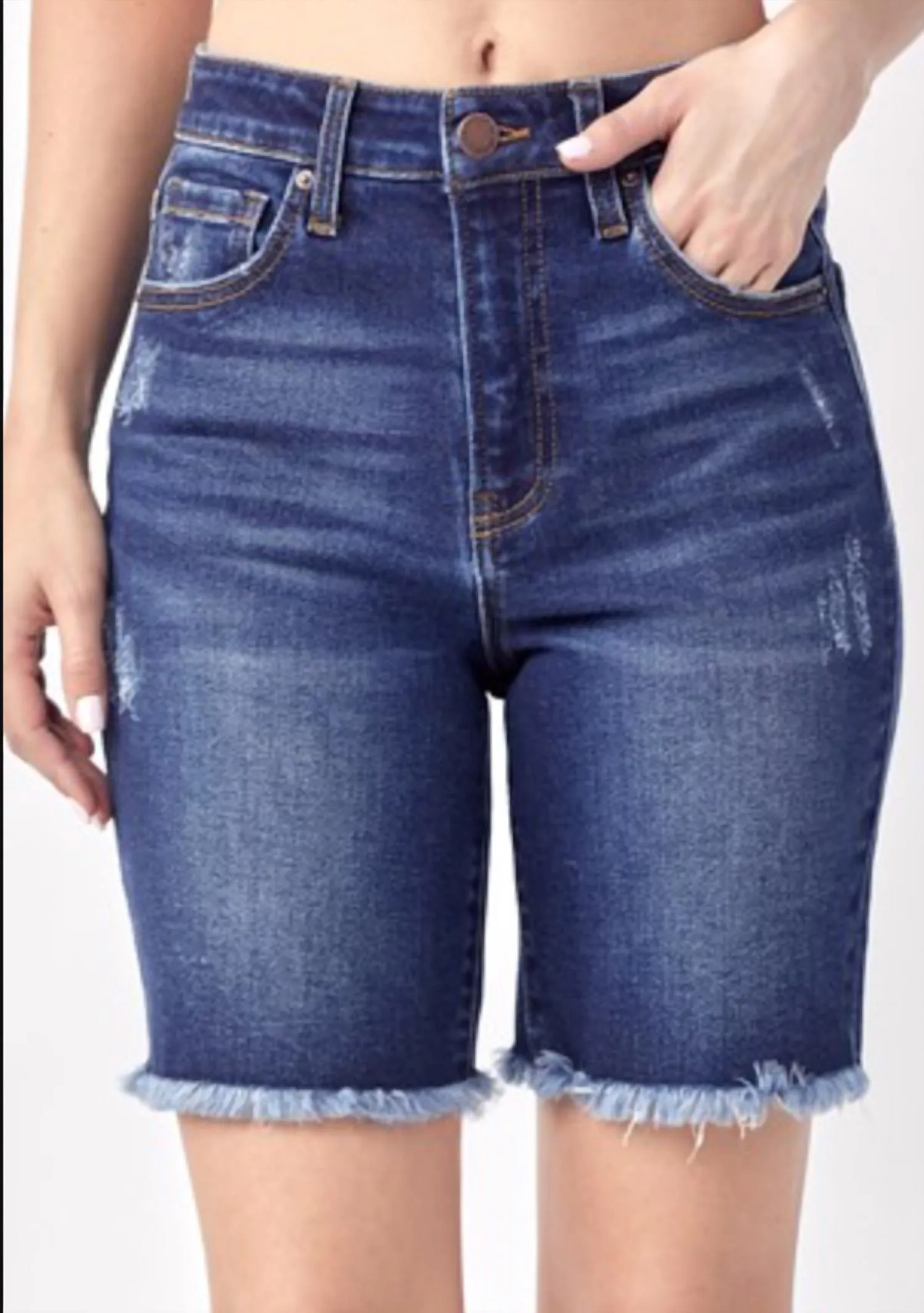 High Rise Frayed Hem Bermuda Shorts In Dark Vintage Wash