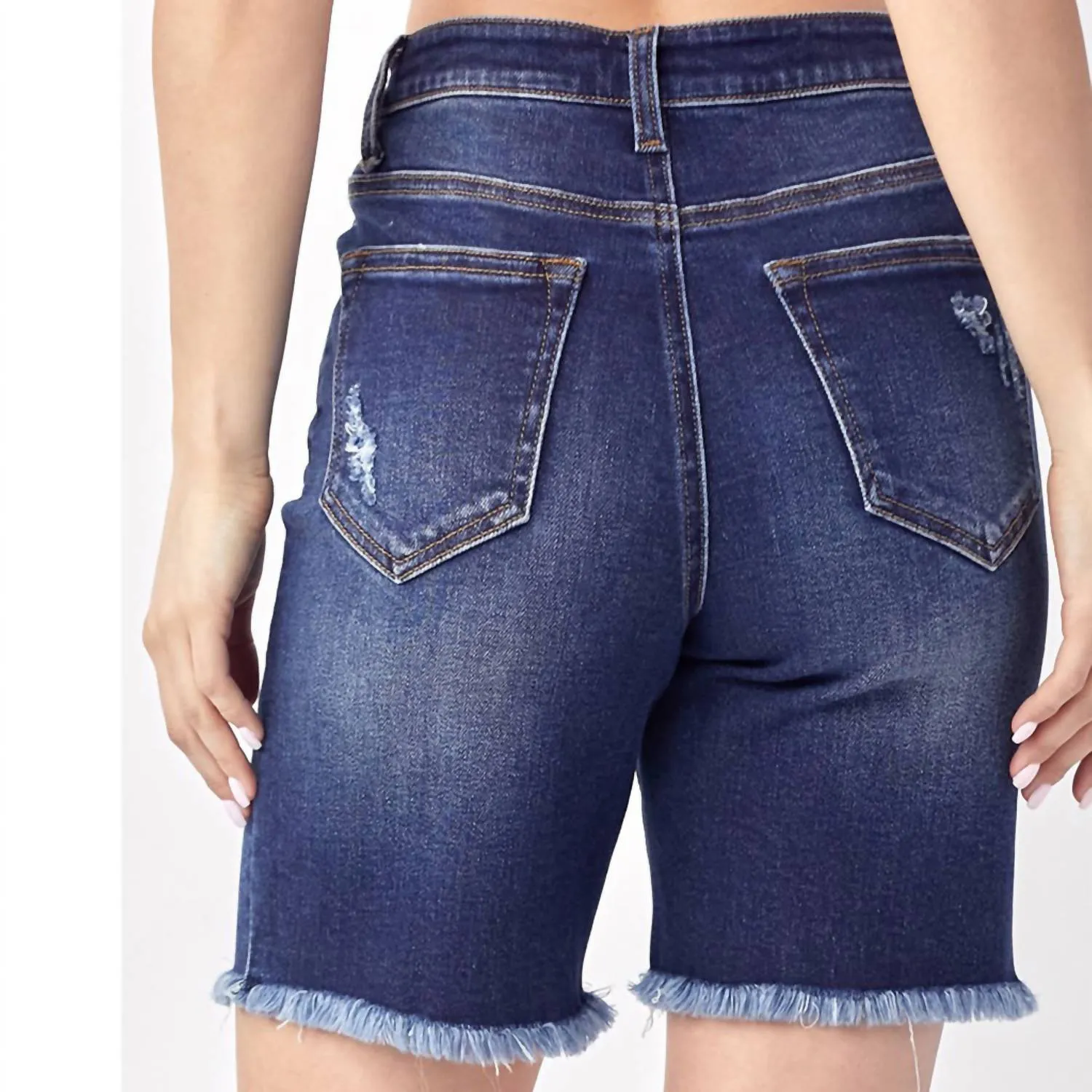 High Rise Frayed Hem Bermuda Shorts In Dark Vintage Wash